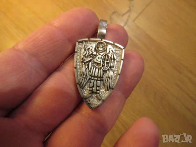 Старинен солиден сребърен медальон Архангел Михаил със синджирче - Вашият Амулет за защита сребро, снимка 2 - Други - 51061989