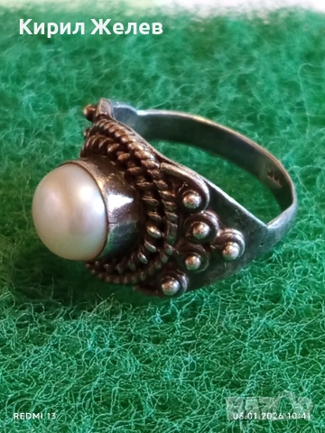 Сребърен пръстен Етно стил с Перла орнаментиран с гранулация ювелирна изработка 52457, снимка 3 - Пръстени - 52961262