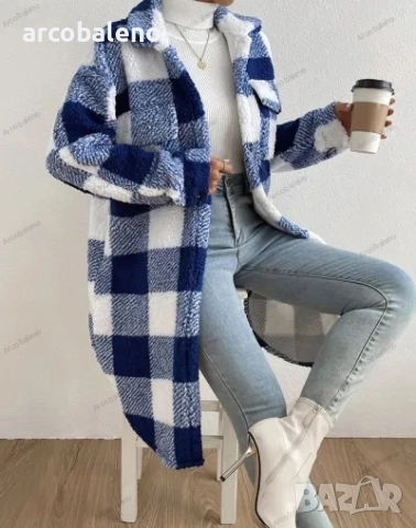 Дамско есенно-зимно палто с отворени копчета и плюшен кариран плат, 4цвята , снимка 10 - Палта, манта - 47851255