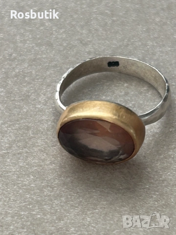 Уникален сребърен пръстен с позлата и естеств. камък , снимка 3 - Пръстени - 52422822
