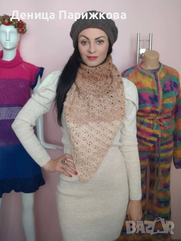 Ръчно плетен комплект „Алпака Елеганс“ – триъгълен ажурен шал и релефна барета (УНИКАТ), снимка 12 - Шалове - 52624578