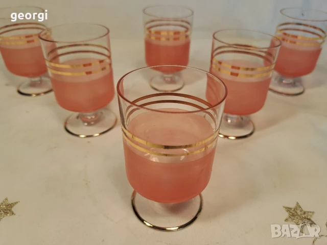 ретро стъклени чаши за ракия със златен кант и цветно стъкло   26/1, снимка 3 - Чаши - 50493586