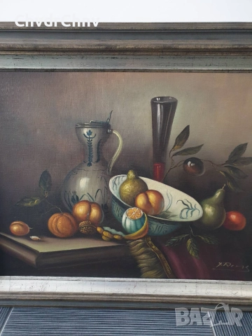 Rens 100х80см/стара голяма картина масло върху платно/натюрморт/маса-съдове-плодове/дървена рамка, снимка 2 - Картини - 51846103