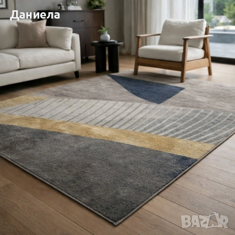 Модерен килим за хол 120х160см - Сиво с диагонална златна лента и 3D ефект, Противоплъзгащ, снимка 4 - Други стоки за дома - 53882084