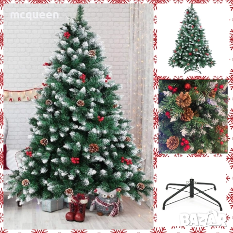 Луксозна Коледна Елха със сняг, шишарки и плодчета!