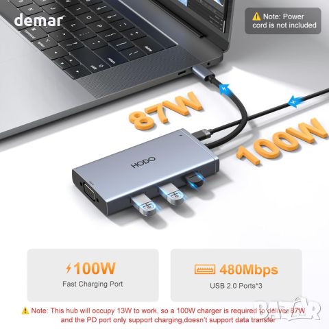 Докинг станция HODO USB C с 2 DisplayPort,HDMI,VGA,PD 100W,3хUSB A 2.0 порта, снимка 7 - Друга електроника - 45511014