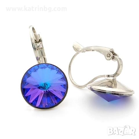 Висящи обеци на панта с кристал Сваровски Heliotrope 12 мм, лилави, снимка 2 - Обеци - 51657362