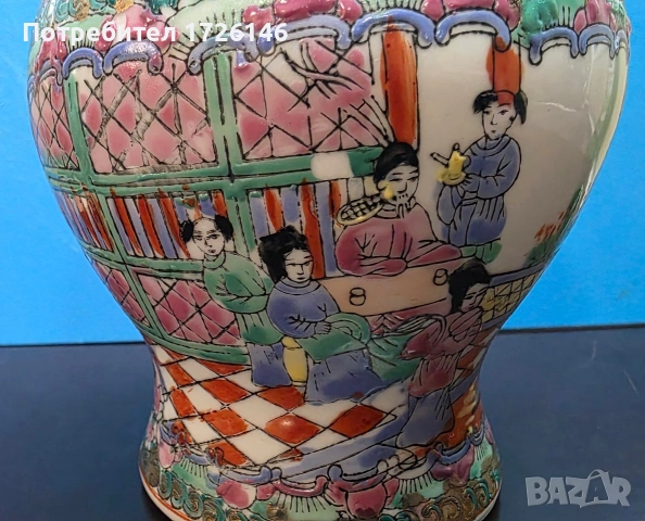 Декоративна китайска порцеланова ваза стил Famille Rose 2 броя– релефна декорация, 14 см, снимка 6 - Декорация за дома - 53778040