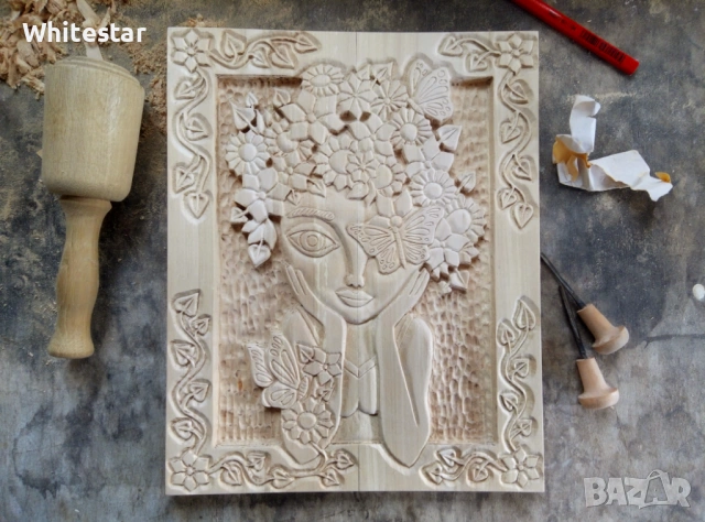 Красиво дърворезбовано пано "Момиче и пролет", снимка 3 - Декорация за дома - 53632743