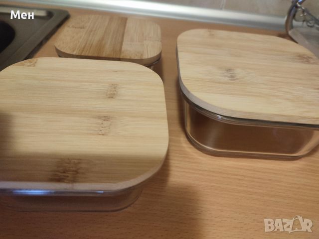 Сет от 3 броя Стъклени кутии с капак от бамбук за съхраняване на хранителни и другипродукти, снимка 3 - Кутии за храна - 45075484