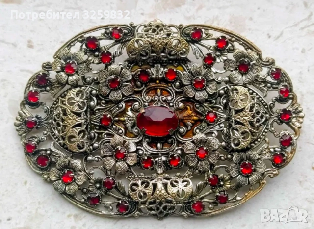 Антична чешка филигранна брошка с червени камъни - 1920-1930s