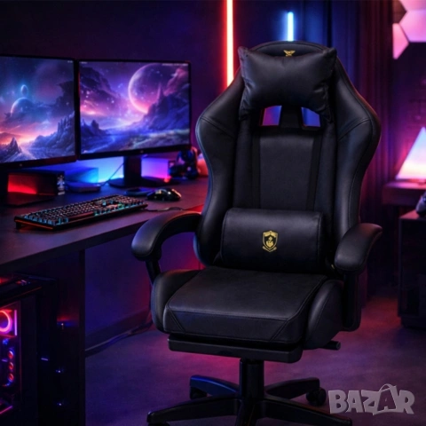 Премиум геймърски стол с масажна функция, поставка за крака и ергономична метална рамка, PU кожа