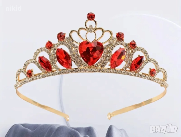 Детска дамска корона тиара венец диадема с червени камъни златиста метална, снимка 4 - Аксесоари за коса - 52543593