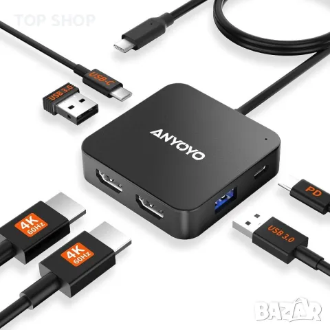 USB C Хъб два порта 4K/60Hz HDMI, 100W PD, USB C 3.0, 2*USB A 3.0, снимка 1 - Захранвания и кутии - 49457534