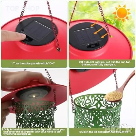 Нова Соларна хранилка за птици с LED светлини и голяма вместимост за двор градина, снимка 6 - Други стоки за дома - 49658526