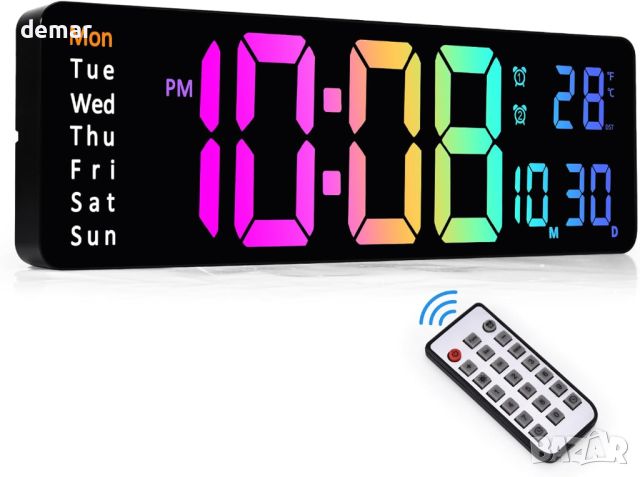 Цифров стенен часовник Sukeen, 13", с дистанционно управление/броене нагоре и надолу, цветен