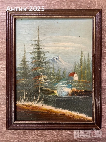 Винтидж пейзаж с водопад и планинска къща, маслена живопис върху панел, с рамка