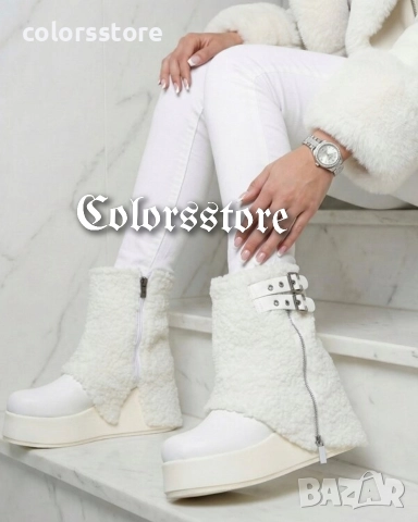Боти на платформа - бяла кожа - BPK55 