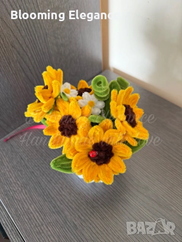 Вечна аранжировка от слънчогледи в гипсова кашпа, снимка 2 - Изкуствени цветя - 54174232