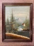 Винтидж пейзаж с водопад и планинска къща, маслена живопис върху панел, с рамка, снимка 1