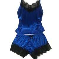 Елегантна дамска пижама – топ, къси панталонки и сатениран аксесоар. Цветове - чисто черен/черен, че, снимка 12 - Пижами - 45718034