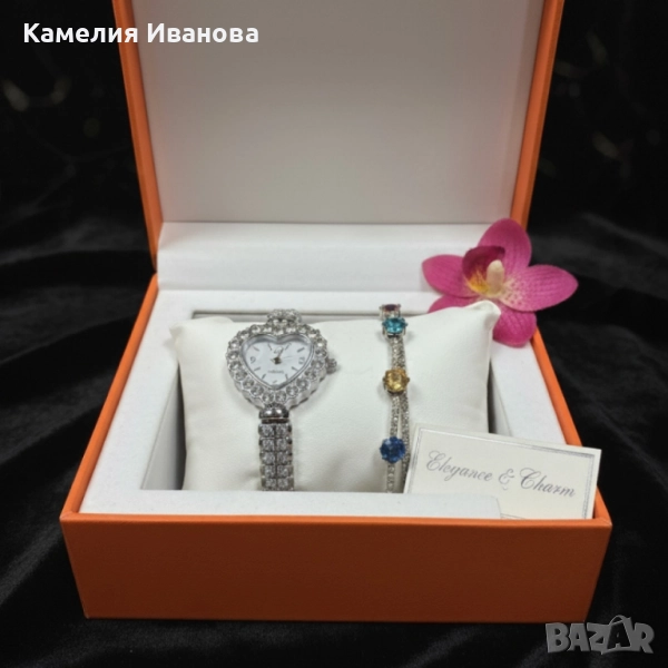 Сърцевиден дамски часовник с гривна и кристали – стил и практичност в кутия, снимка 1