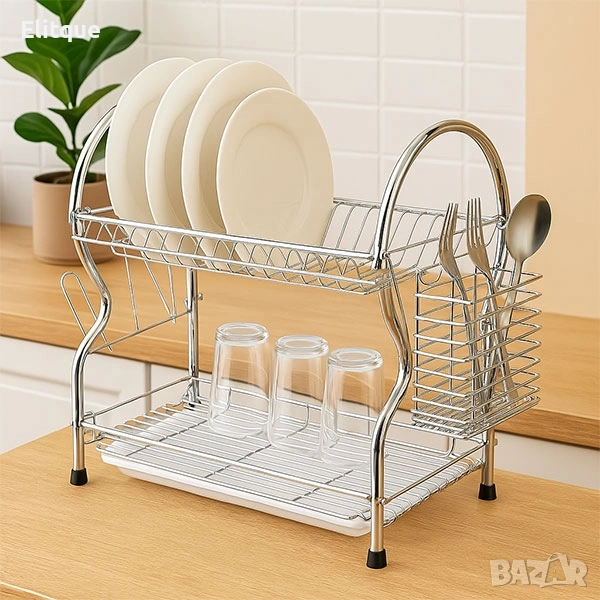 Двуетажен метален сушилник за съдове с отделение за прибори, снимка 1