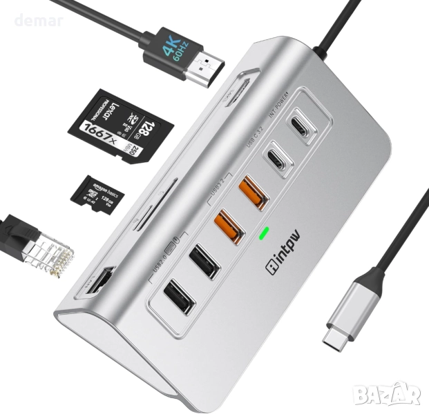 intpw P9R PRO USB C хъб,10-в-1  4K/60Hz HDMI,10Gbps Type C и USB A 3.2, снимка 1