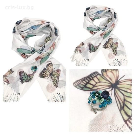 Луксозен подарък за жена – комплект шал с пеперуди и брошка със зелени камъни-DKOM-02, снимка 1