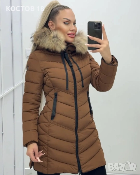 Зимно дълго яке, естествен пух на качулката – 4251 кафяв 5 цвята, снимка 1