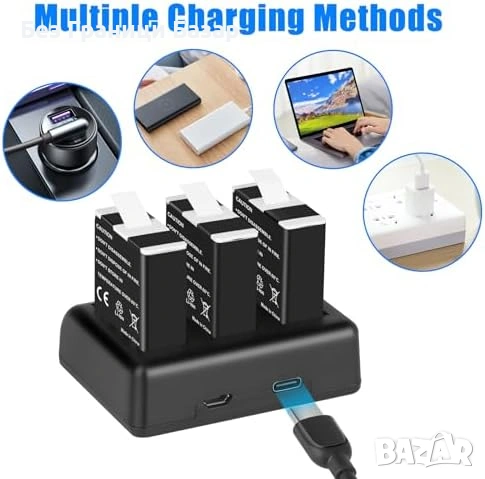 Ново USB Зарядно с 3 Батерии за GoPro Hero 12 11 10 9 Black екшън камера, снимка 6 - Батерии, зарядни - 54131983