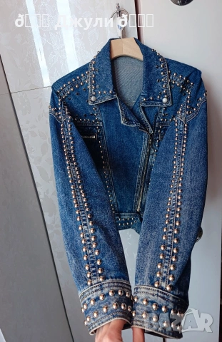 Ефектно яке от деним с камъни и капси, снимка 6 - Якета - 54031209