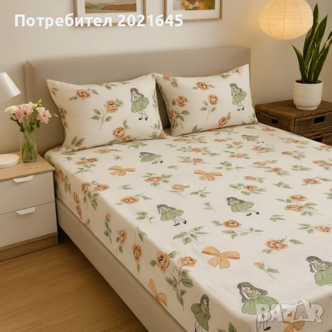 Чаршаф с ластик за голяма спалня и 2 калъфки, снимка 2 - Спално бельо - 53568485