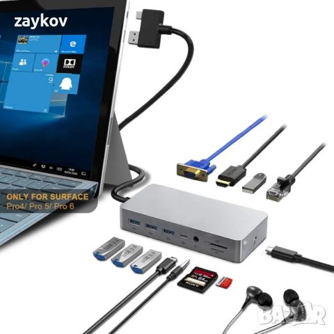 USB хъб с Gigabit Ethernet порт, HDMI VGA 4K порт, 3 USB 3.0, USB 2.0, аудио, USB C, SD и TF