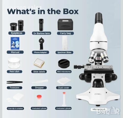 Микроскоп ESAKO 40-2000X, LED светлина,метален корпус,адаптер за телефон и слайдове нов, снимка 2 - Друга електроника - 54088886