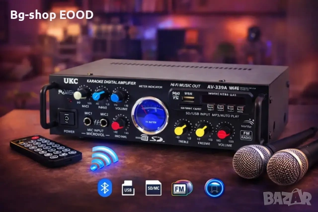 Усилвател UKC AV-339B с Bluetooth и караоке, FM, SD, USB, BLT, 2x120W , снимка 3 - Ресийвъри, усилватели, смесителни пултове - 54039267