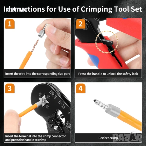 Комплект инструмент за кримпване на ферули 0.25-10 mm² (AWG 23-7) с 1400 броя клемни конектора, снимка 7 - Други инструменти - 53923982