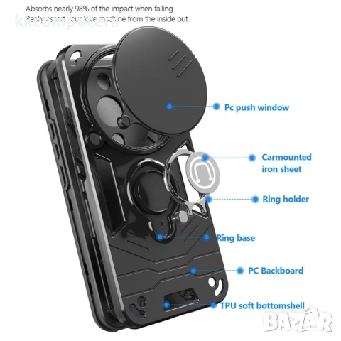 Калъф за Honor Magic8 Lite 5G, PC+TPU, с Плъзгащ Капак за Камера (CamShield), Пръстен и Стенд, Магни, снимка 3 - Калъфи, кейсове - 53175456