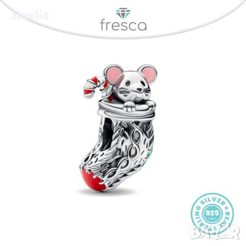 Талисман Fresca по модел тип Pandora сребро 925 Christmas Stocking Mouse. Колекция Amélie, снимка 1 - Други - 39013675