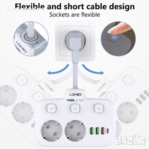 Разклонител LDNio SE2435 SS000196,220V, Зарядно, 2 гнезда и 3 USB + Type C, с ключ, Fast Charge, снимка 6 - Друга електроника - 46112690