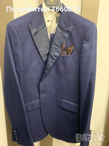 Стилен мъжки тъмносин официален костюм M-L/ 52 + РИЗА и АКСЕСОАРИ, снимка 4 - Костюми - 52947554