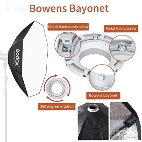 GODOX Софтбокс 120 см 47" осмоъгълен софтбокс със стойка Bowens Софтбокс за светкавица Speedlite неп, снимка 4 - Чанти, стативи, аксесоари - 50738696