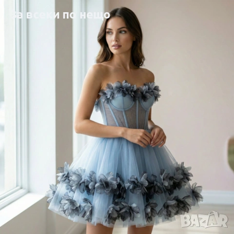 Елегантна Ефектна Къса Рокля Бюстие В Небесно Синьо С 3D цветя И Тюл Код Roni28