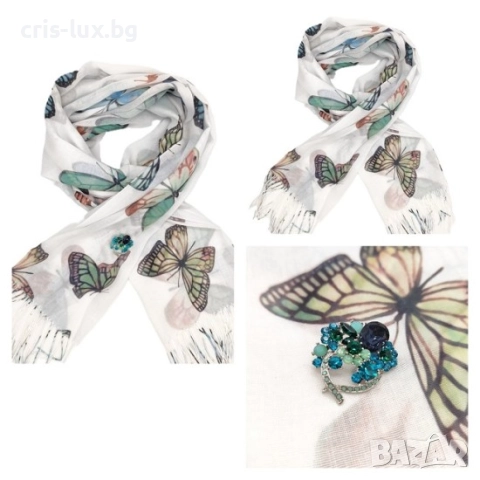 Луксозен подарък за жена – комплект шал с пеперуди и брошка със зелени камъни-DKOM-02, снимка 1