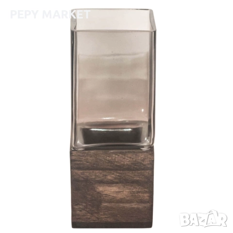 Прозрачна стъклена ваза с вградена дървена основа Страхотна стъклена ваза с дървена основа. Една мно, снимка 1