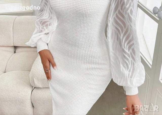Бяла дамска рокля с дълъг ръкав, размер М, снимка 2 - Рокли - 52364242