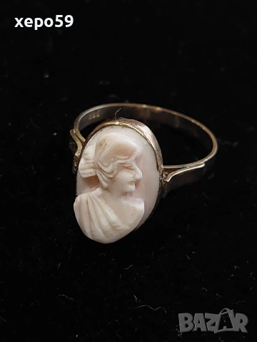 Дамски златен пръстен с коралова камея.Злато 14 карата, снимка 3 - Пръстени - 53484949