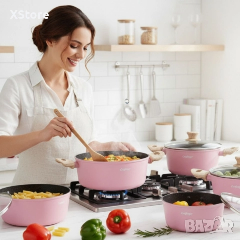 Cheffinger - Розов комплект тенджери, с мраморно покритие, здравословно готвене без залепване, снимка 3 - Съдове за готвене - 52497058
