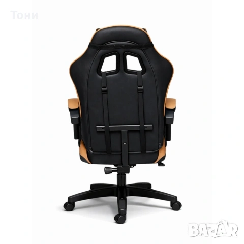Геймърски стол с масажна функция, лумбална възглавница и поставка за крака – Черен-златист, снимка 7 - Столове - 53448895