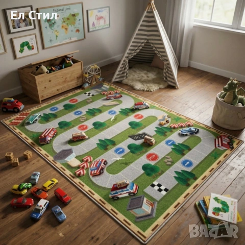 Детски килим за игра 120х160см - Тъмнозелен килим с автописта, противоплъзгащ и миещ се, снимка 2 - Други - 53928255